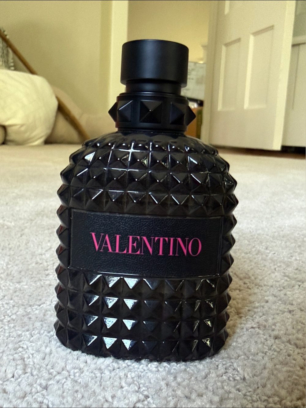 Valentino Black Studded Glass Accent Bottle with Pink Logo